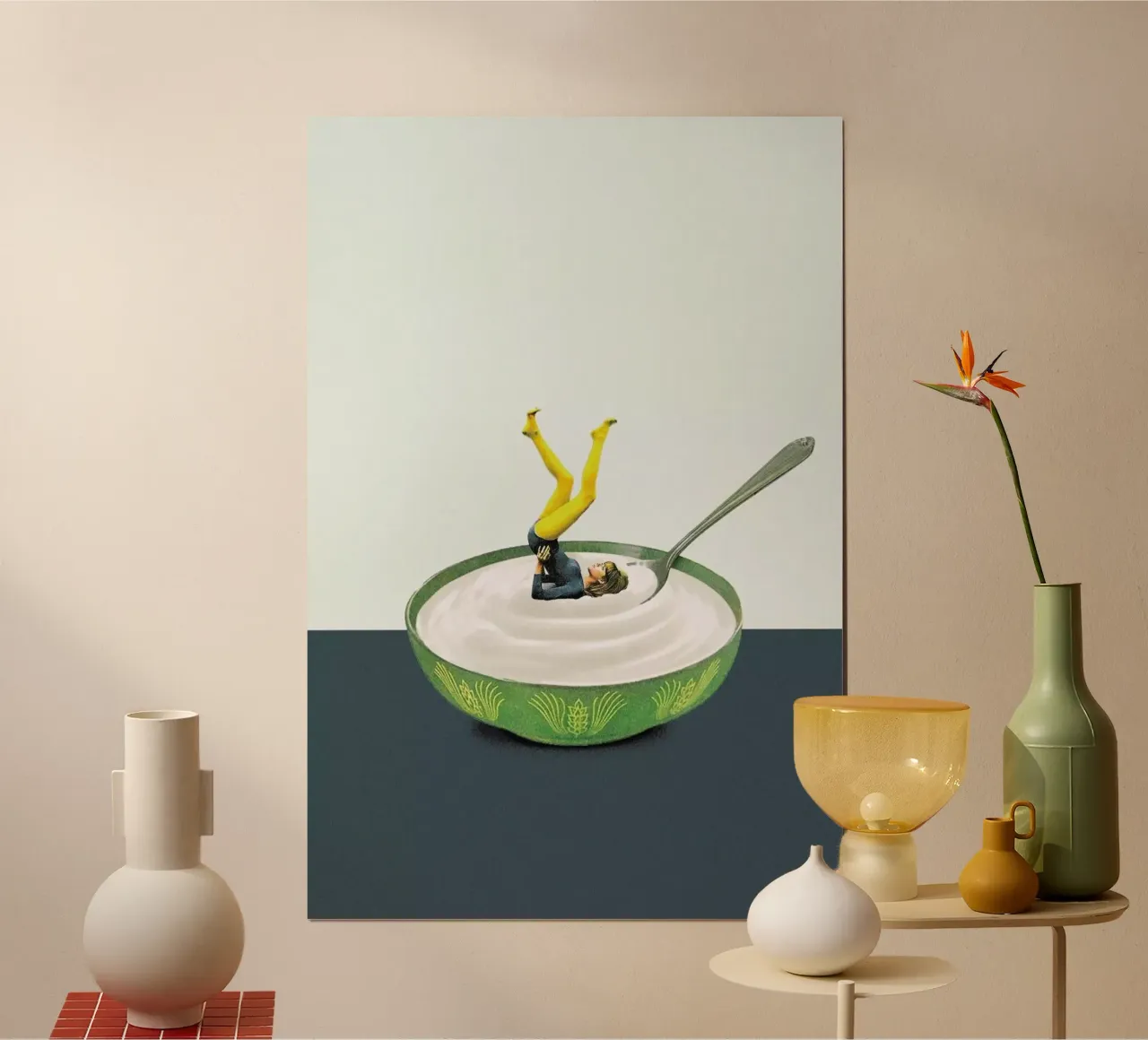 Yoga in My Yogurt poster con telaio in plastica da Maarten Léon