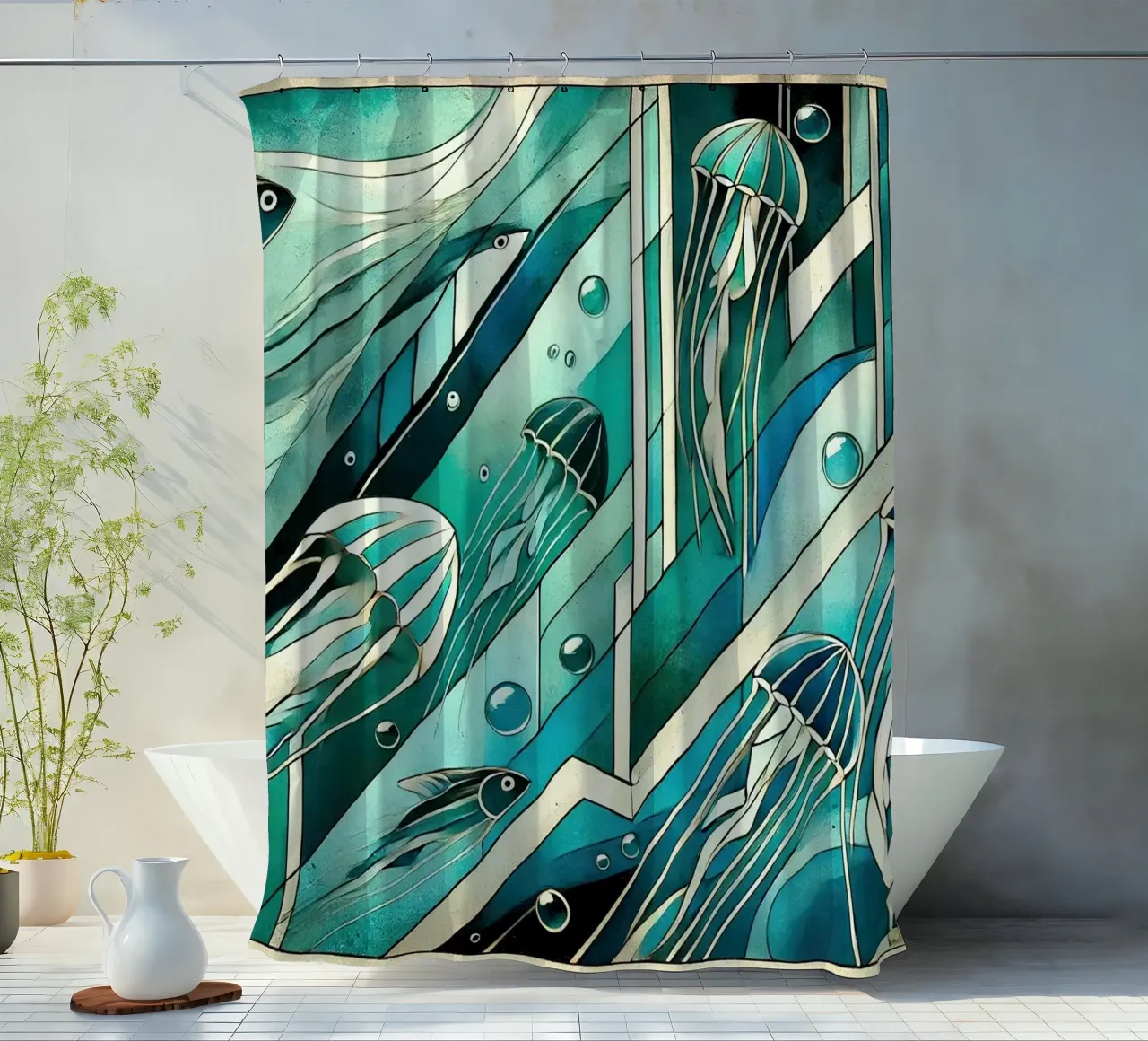 Oceanic Serenade Scene in Art Deco shower curtain by Chromatic Fusion Studio