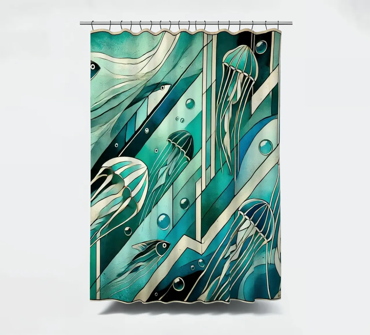 Oceanic Serenade Scene in Art Deco shower curtain by Chromatic Fusion Studio