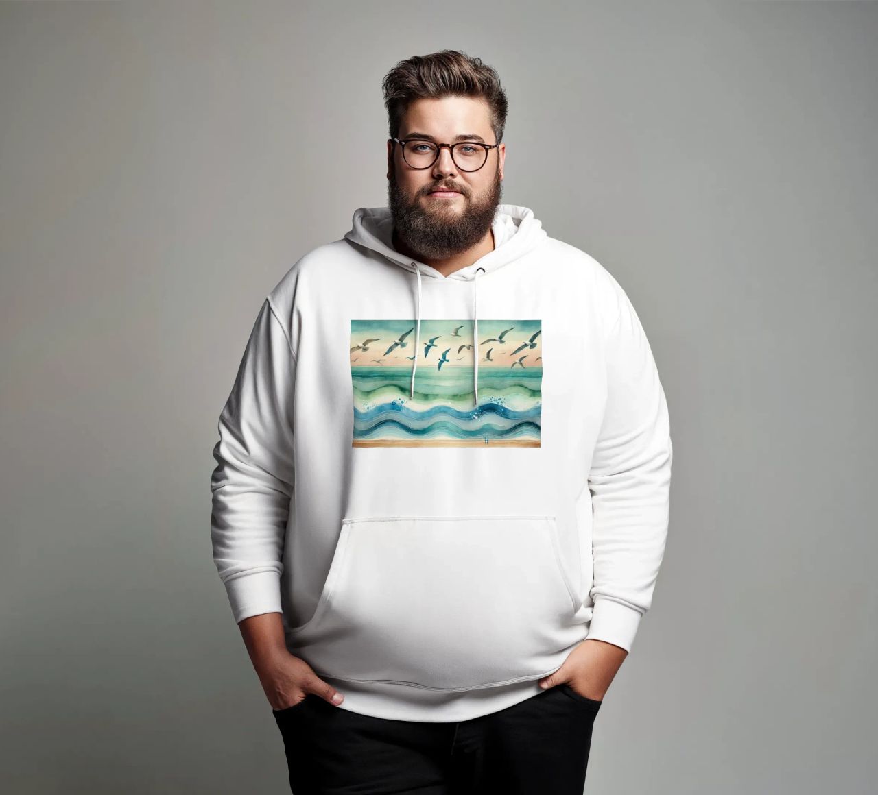 Zeemeeuwen zweven boven de golven in Art Deco hoodie van Chromatic Fusion Studio
