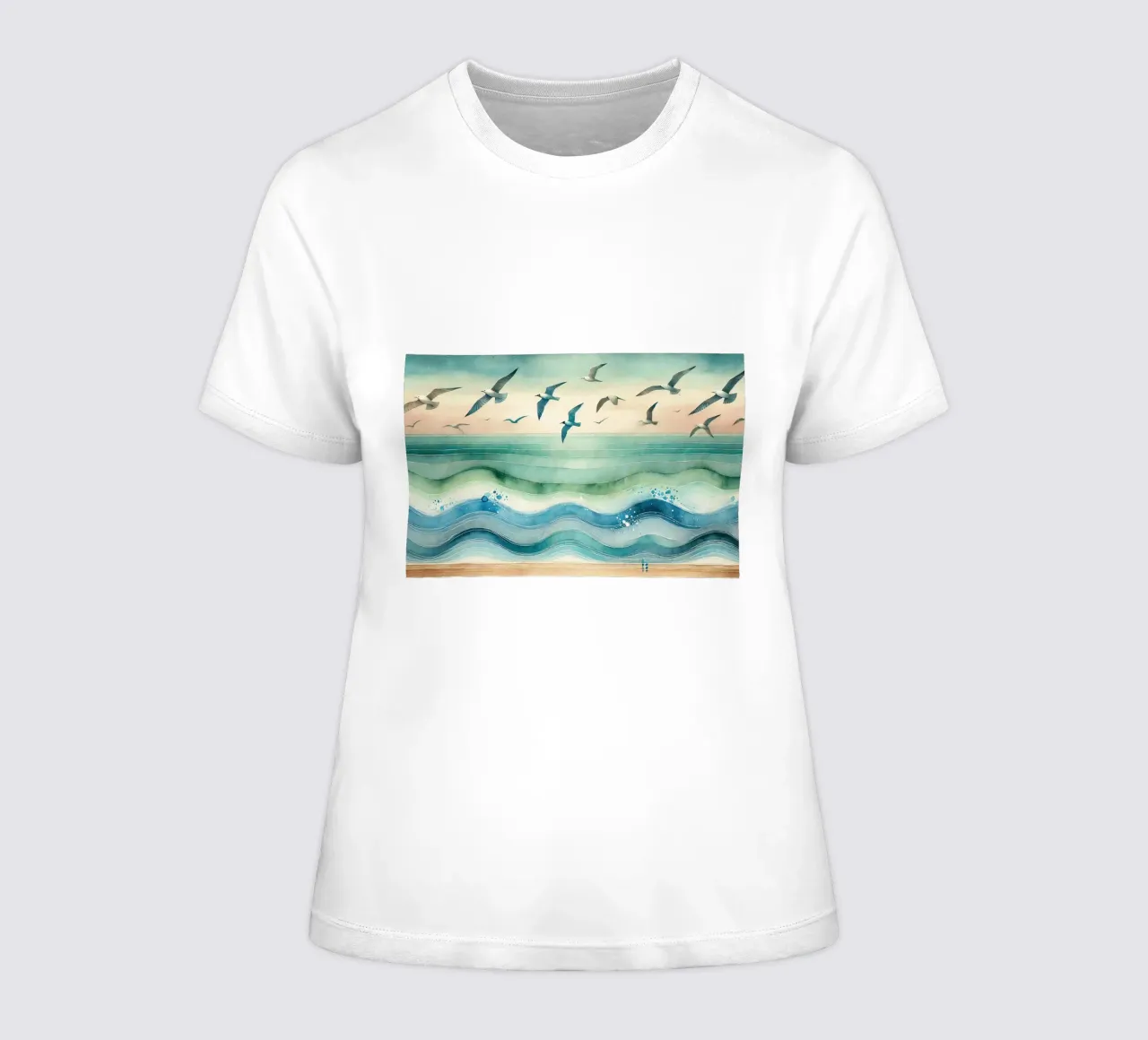 Möwen schweben über den Wellen im Art déco Frauen T-Shirt von Chromatic Fusion Studio