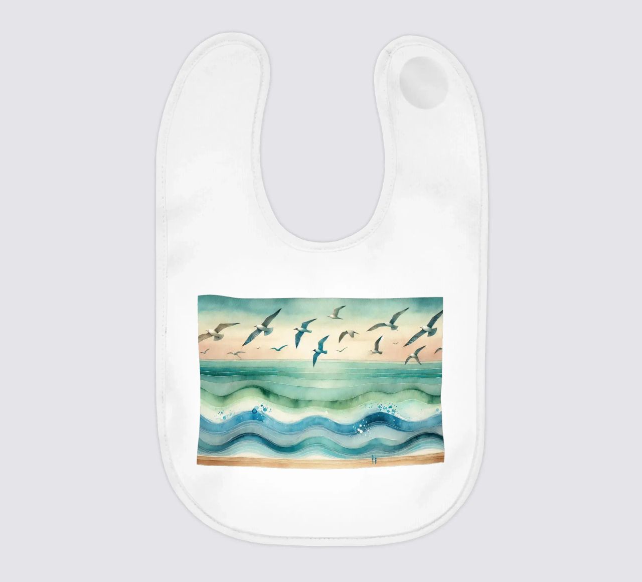 Zeemeeuwen zweven boven de golven in Art Deco baby slabbetje van Chromatic Fusion Studio