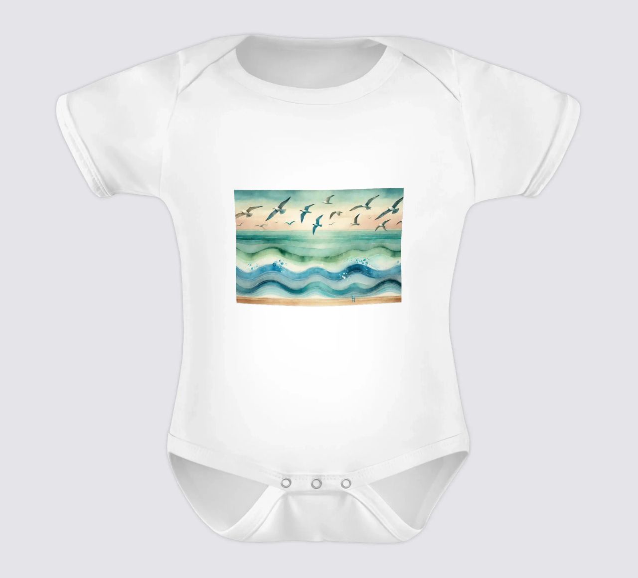 Zeemeeuwen zweven boven de golven in Art Deco babyrompertje korte mouwen van Chromatic Fusion Studio