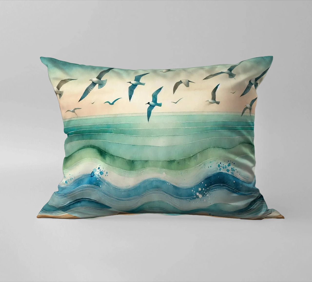 Zeemeeuwen zweven boven de golven in Art Deco kussen van Chromatic Fusion Studio