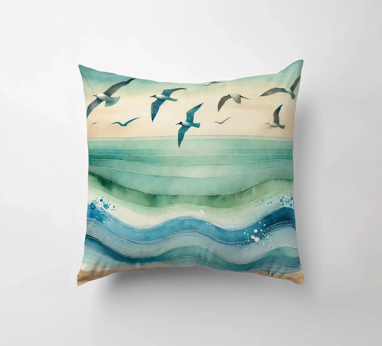Zeemeeuwen zweven boven de golven in Art Deco kussen van Chromatic Fusion Studio