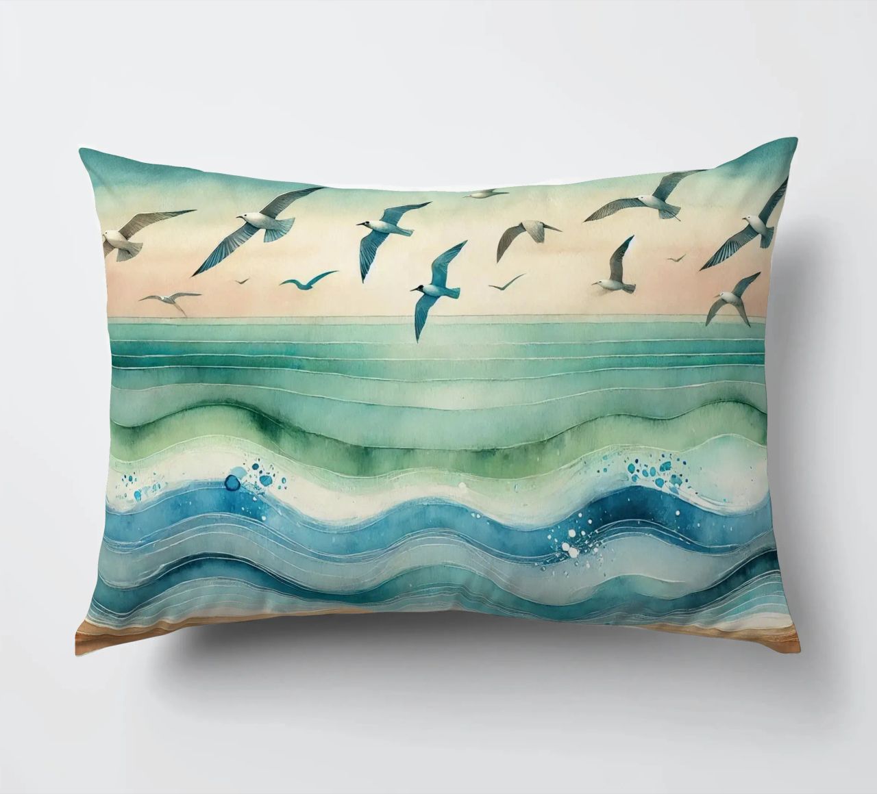 Zeemeeuwen zweven boven de golven in Art Deco kussen van Chromatic Fusion Studio