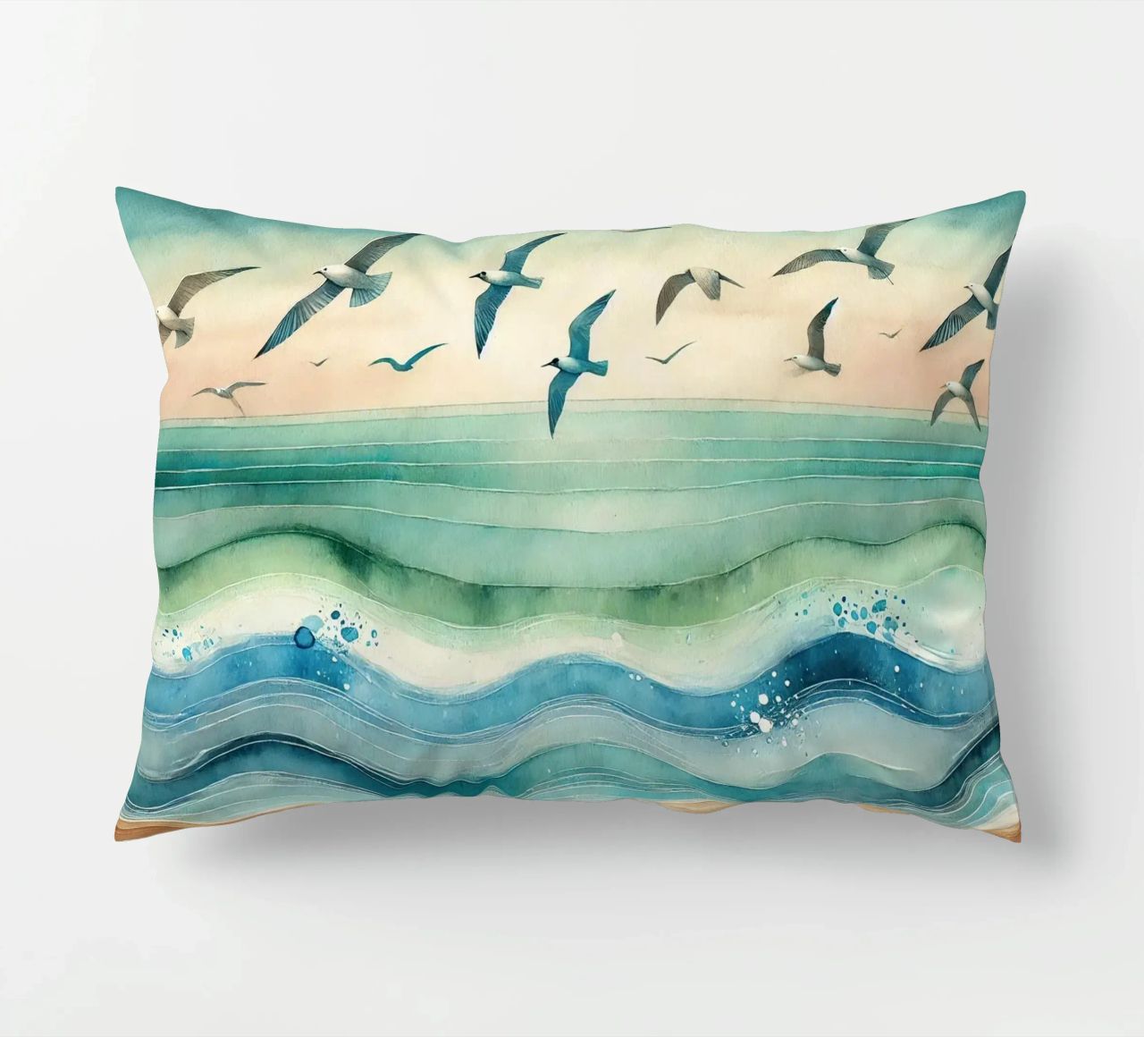Zeemeeuwen zweven boven de golven in Art Deco kussen van Chromatic Fusion Studio