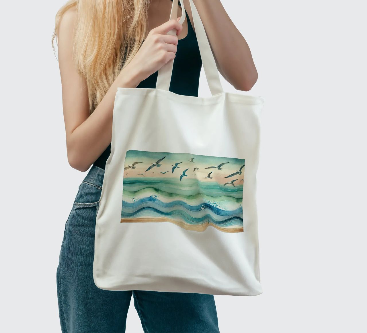 Zeemeeuwen zweven boven de golven in Art Deco jute draagtas van Chromatic Fusion Studio