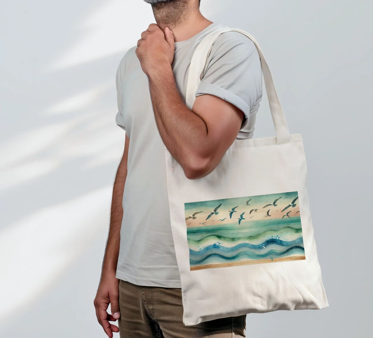 Zeemeeuwen zweven boven de golven in Art Deco jute draagtas van Chromatic Fusion Studio