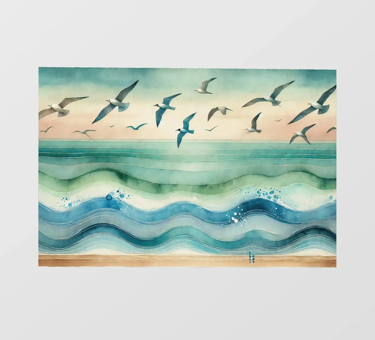 Les mouettes s'élèvent au-dessus des vagues en Art déco film rétro-éclairé de Chromatic Fusion Studio