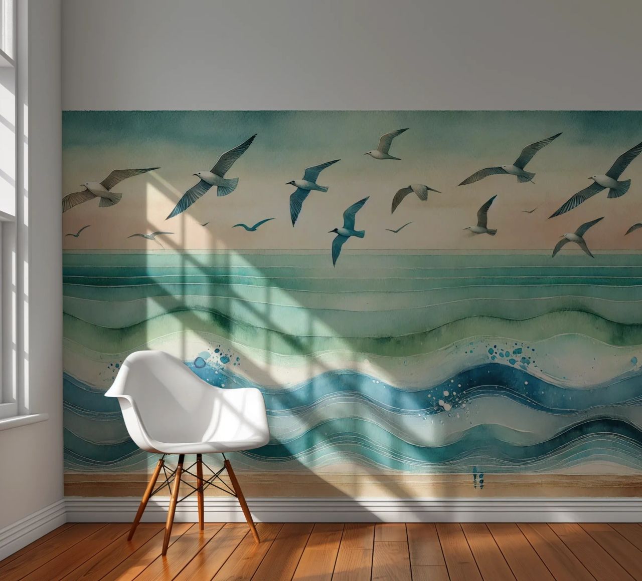 Zeemeeuwen zweven boven de golven in Art Deco fotobehang van Chromatic Fusion Studio