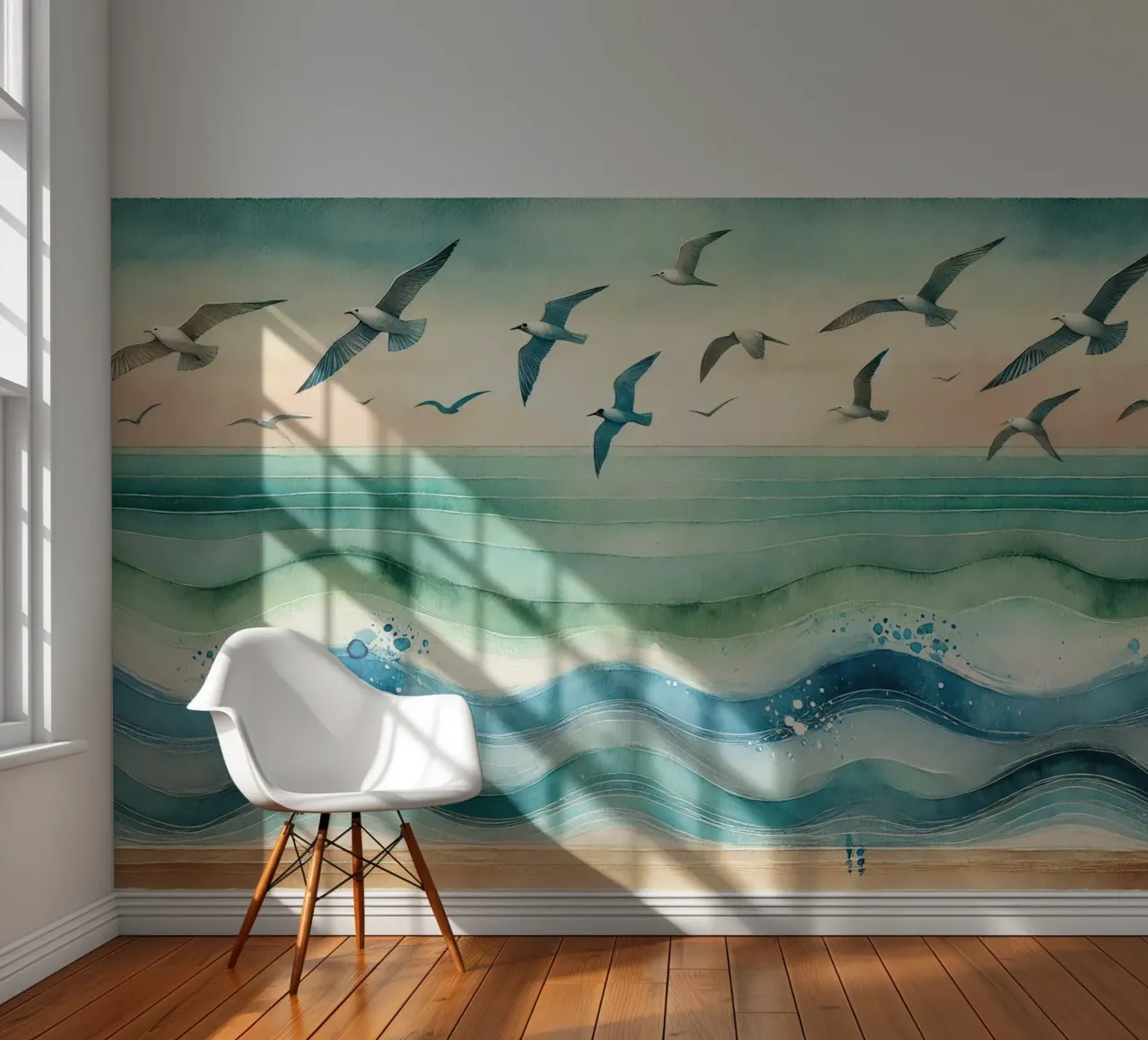 Les mouettes s'élèvent au-dessus des vagues en Art déco papier peint photo de Chromatic Fusion Studio