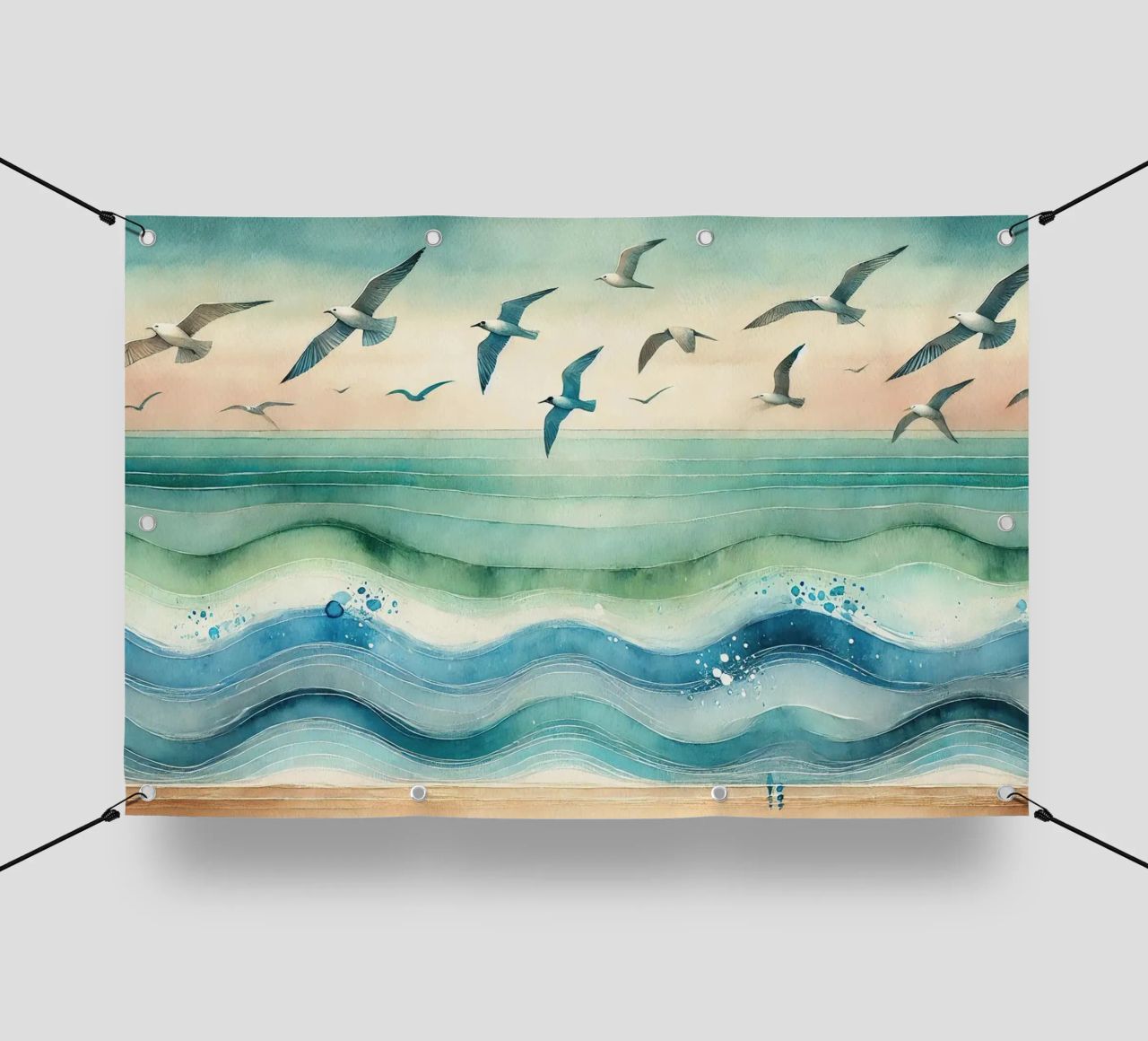 Zeemeeuwen zweven boven de golven in Art Deco pvc-zeil van Chromatic Fusion Studio