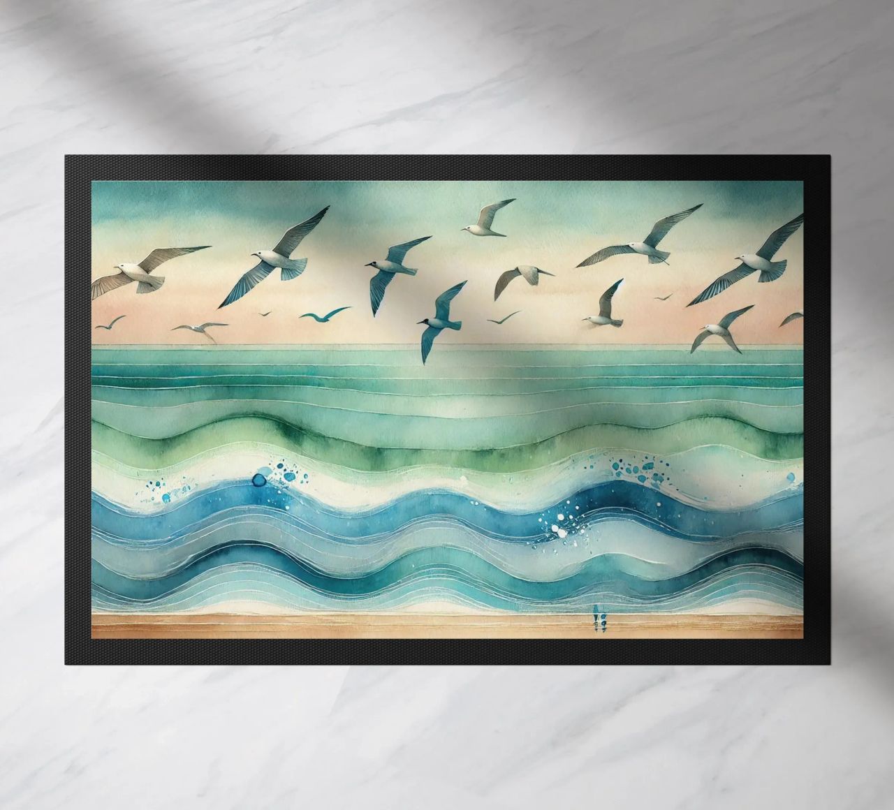 Zeemeeuwen zweven boven de golven in Art Deco deurmat van Chromatic Fusion Studio