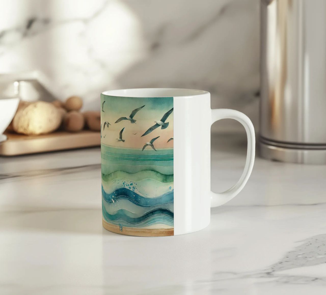 Zeemeeuwen zweven boven de golven in Art Deco keramische mok van Chromatic Fusion Studio