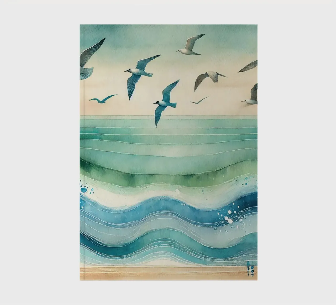 Les mouettes s'élèvent au-dessus des vagues en Art déco carnet de notes de Chromatic Fusion Studio