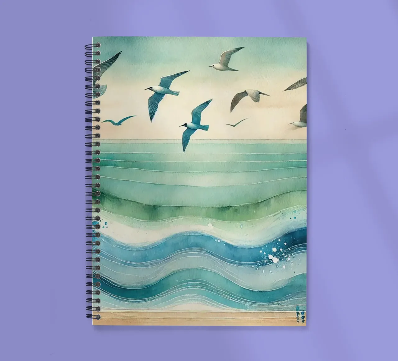 Zeemeeuwen zweven boven de golven in Art Deco notitieboek met spiraal van Chromatic Fusion Studio