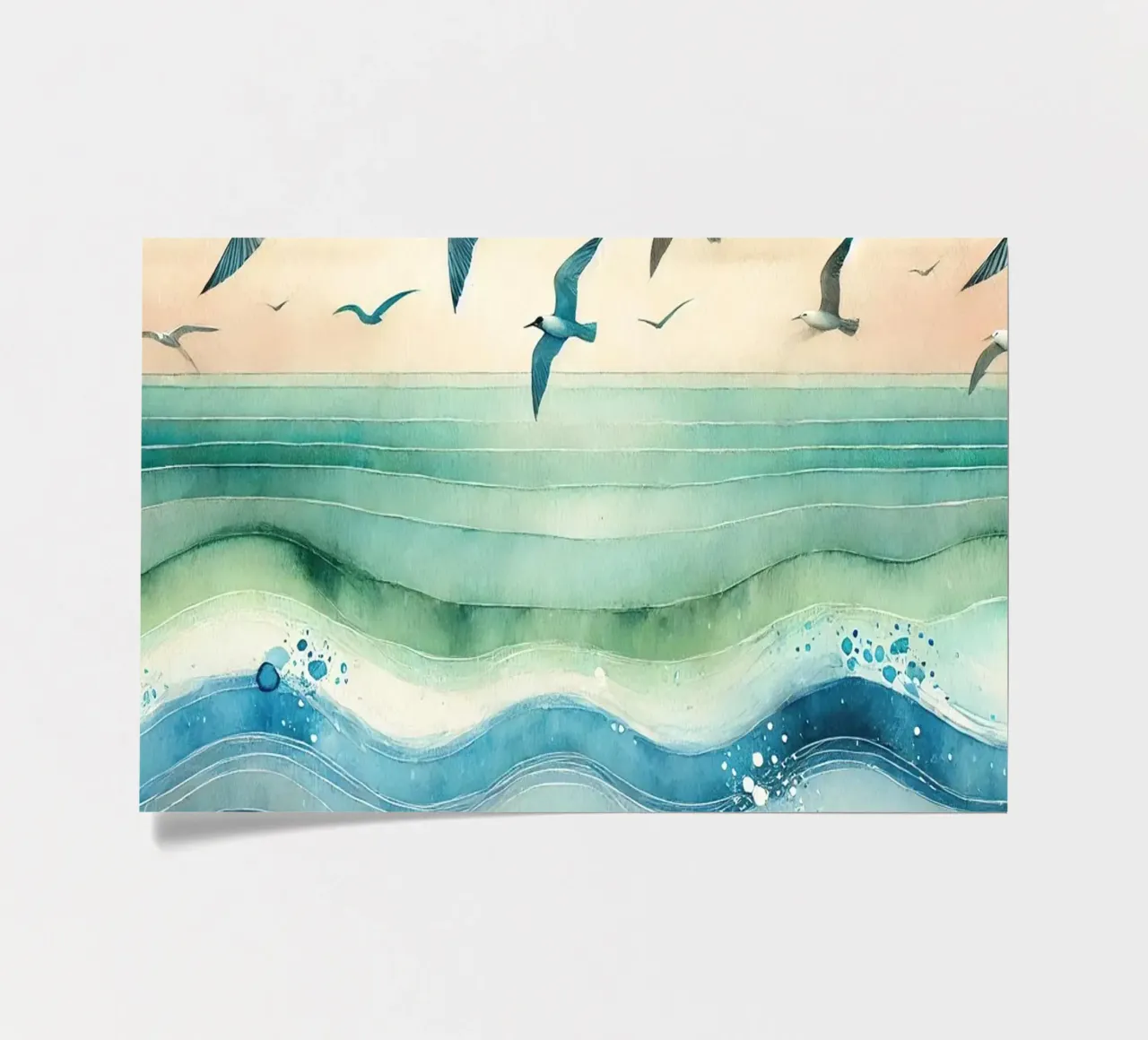 Les mouettes s'élèvent au-dessus des vagues en Art déco planche autocollant de Chromatic Fusion Studio