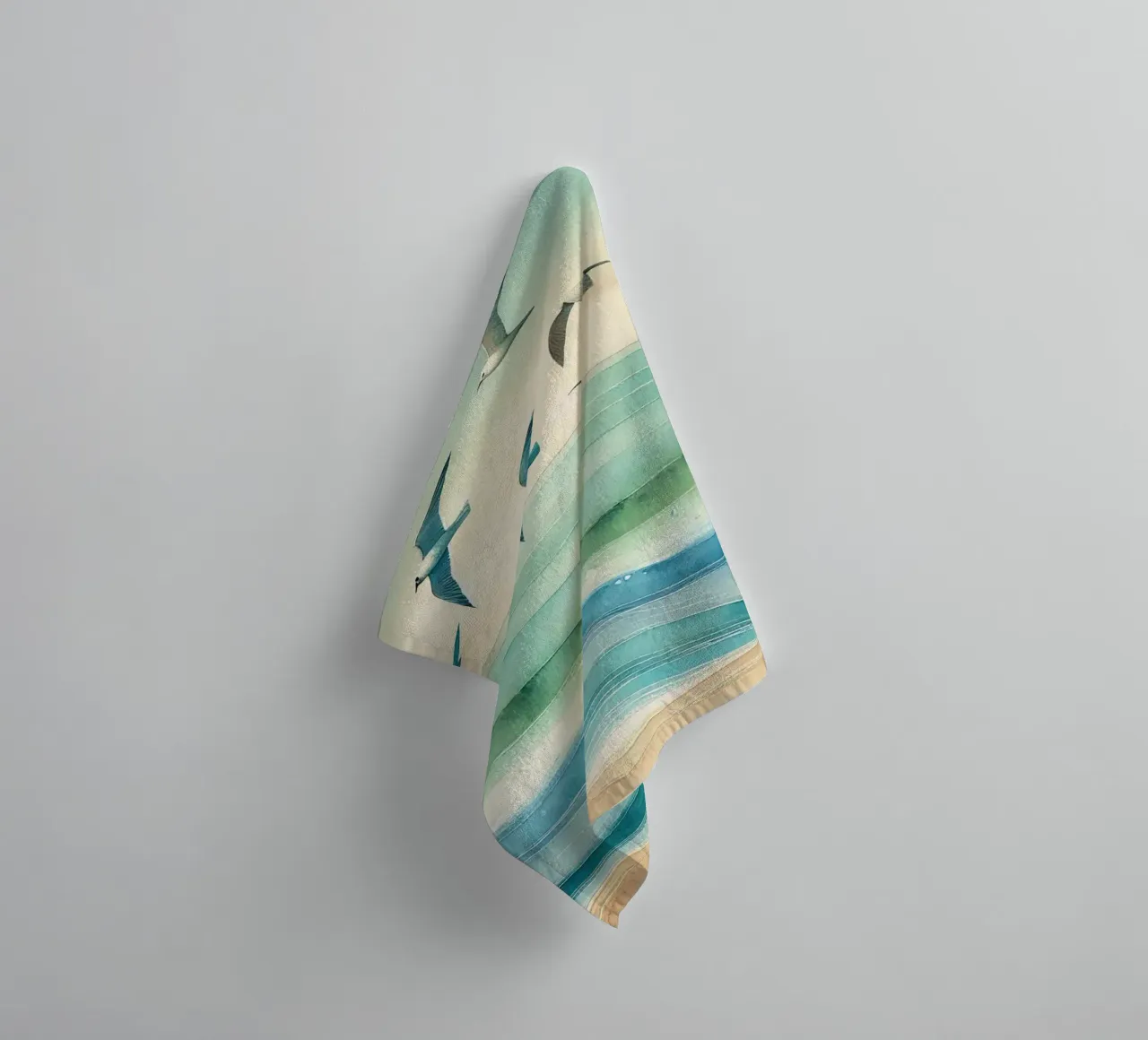 Seagulls Soar Above Waves in Art Deco towel by Chromatic Fusion Studio