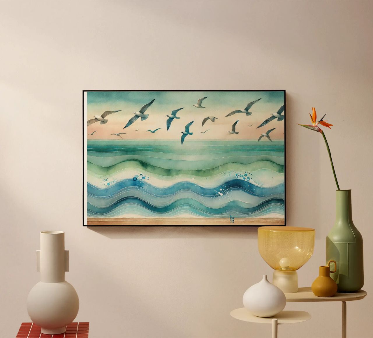 Zeemeeuwen zweven boven de golven in Art Deco acryl van Chromatic Fusion Studio