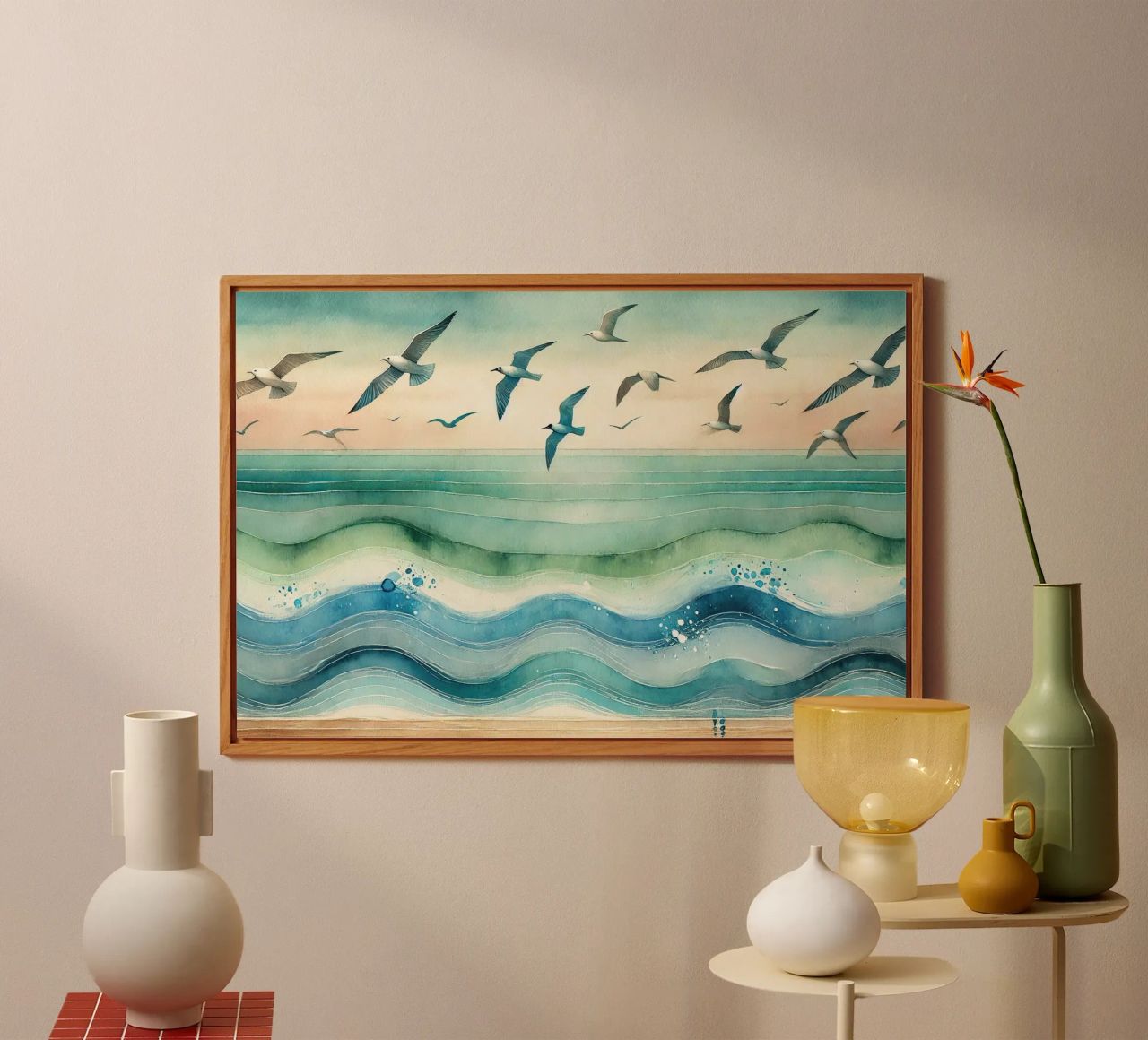 Zeemeeuwen zweven boven de golven in Art Deco aluminium-dibond van Chromatic Fusion Studio