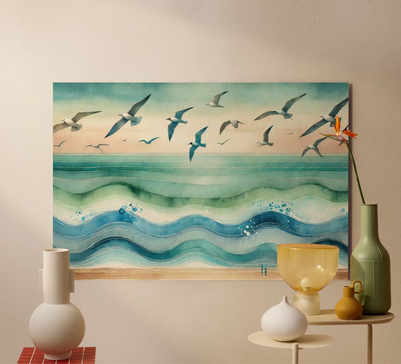 Zeemeeuwen zweven boven de golven in Art Deco aluminium-dibond van Chromatic Fusion Studio