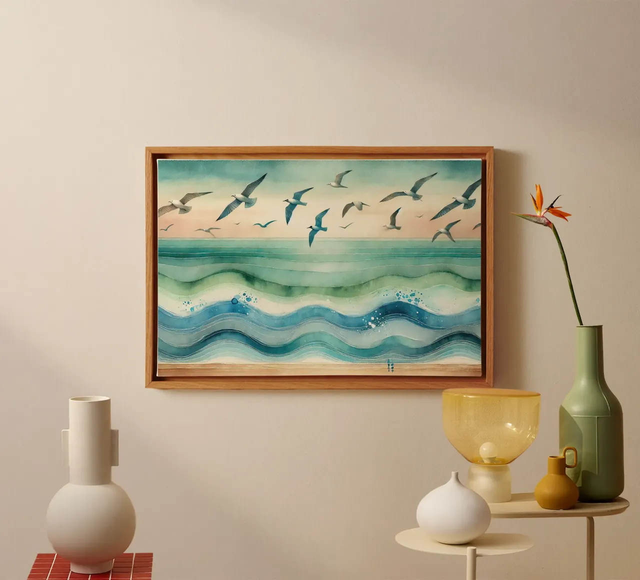Zeemeeuwen zweven boven de golven in Art Deco canvas met Baklijst van Chromatic Fusion Studio