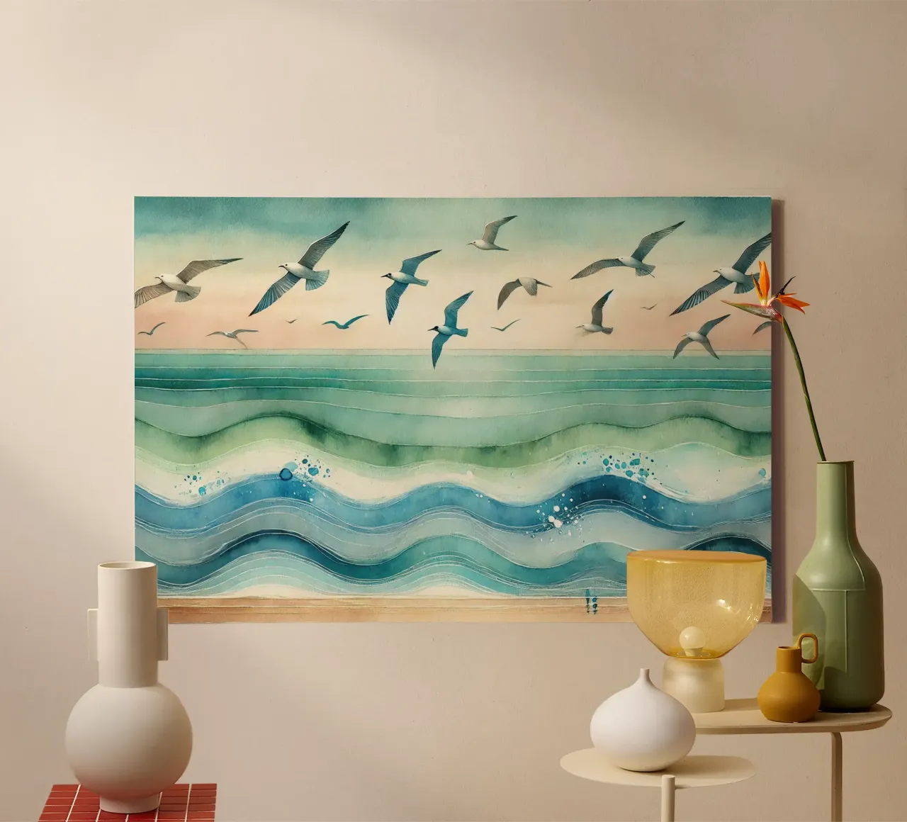 Zeemeeuwen zweven boven de golven in Art Deco canvas met Baklijst van Chromatic Fusion Studio