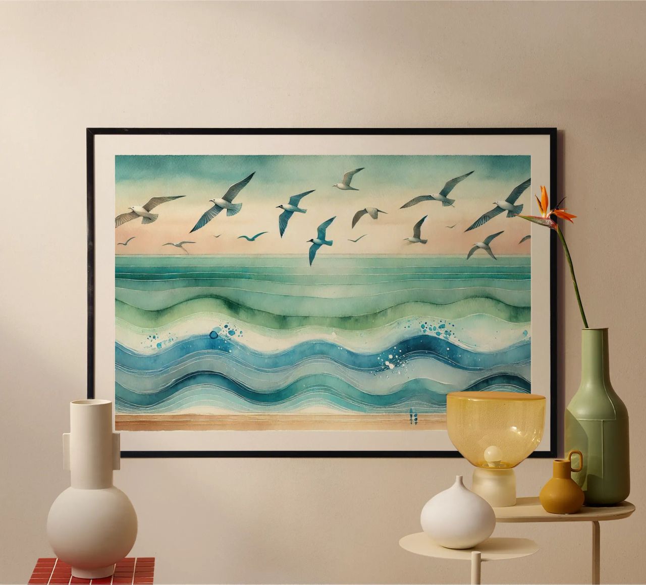 Zeemeeuwen zweven boven de golven in Art Deco poster van Chromatic Fusion Studio