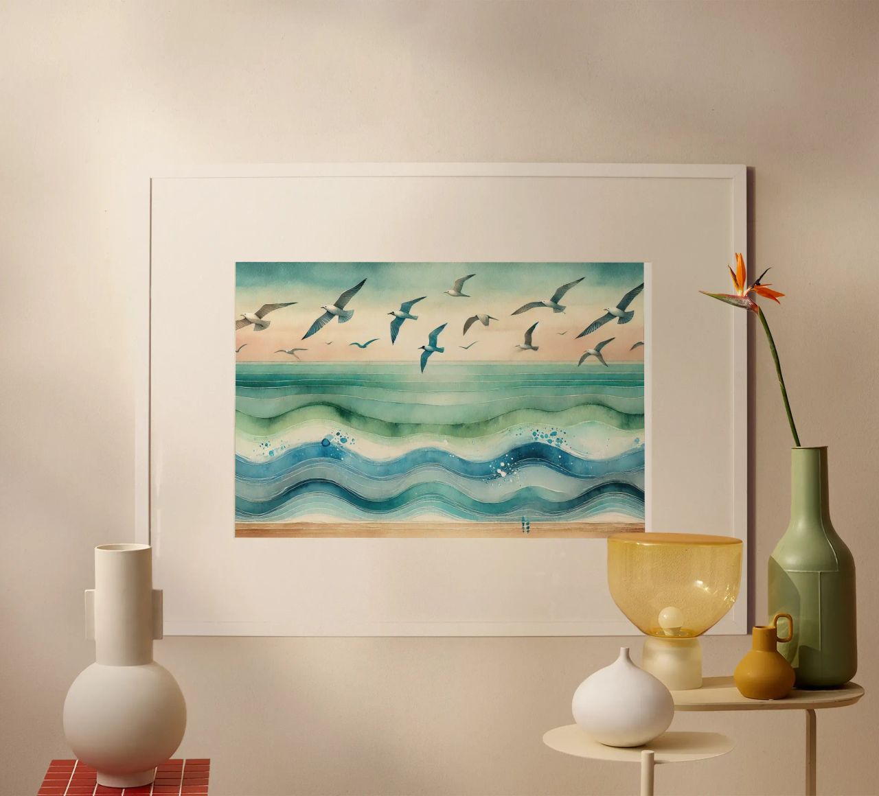 Zeemeeuwen zweven boven de golven in Art Deco poster van Chromatic Fusion Studio