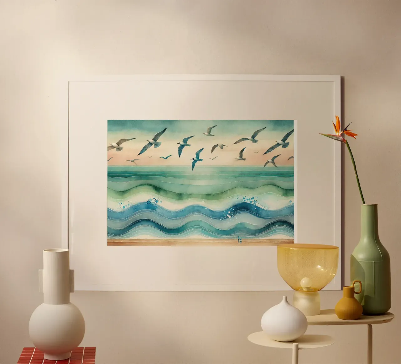 Zeemeeuwen zweven boven de golven in Art Deco poster met aluminium frame van Chromatic Fusion Studio