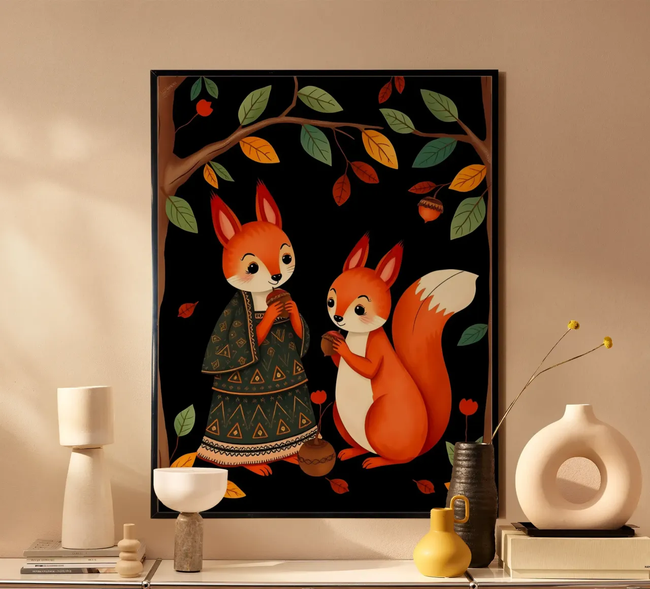 Scoiattoli nella foresta poster con telaio in alluminio da COLLEEN CRAFTS
