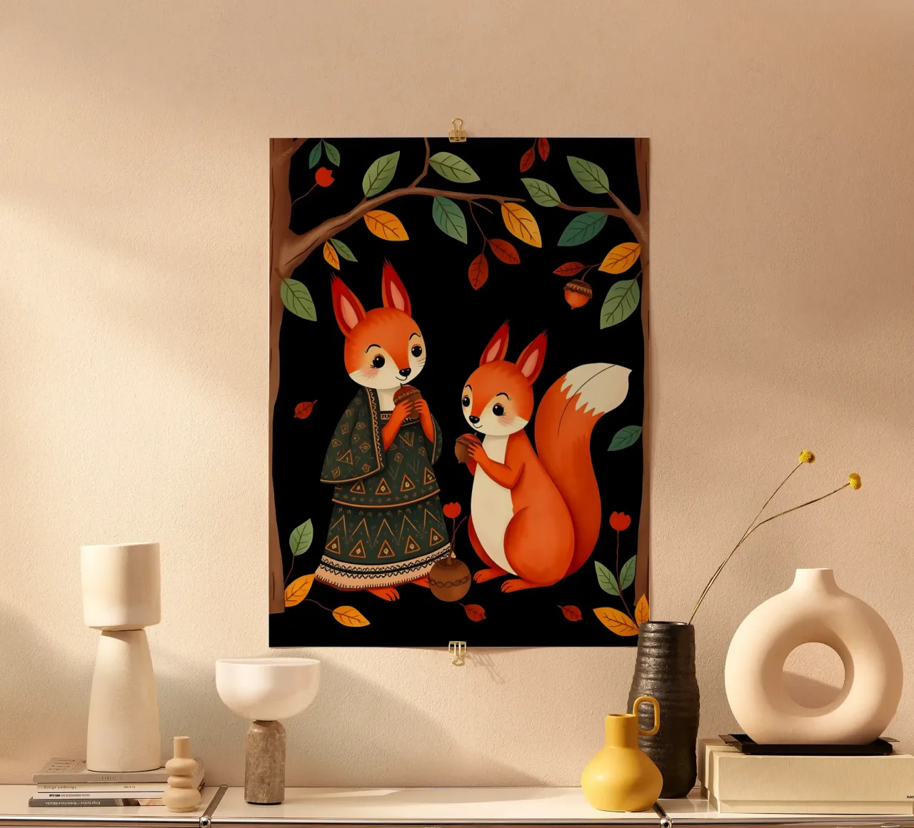 Scoiattoli nella foresta poster con telaio in alluminio da COLLEEN CRAFTS