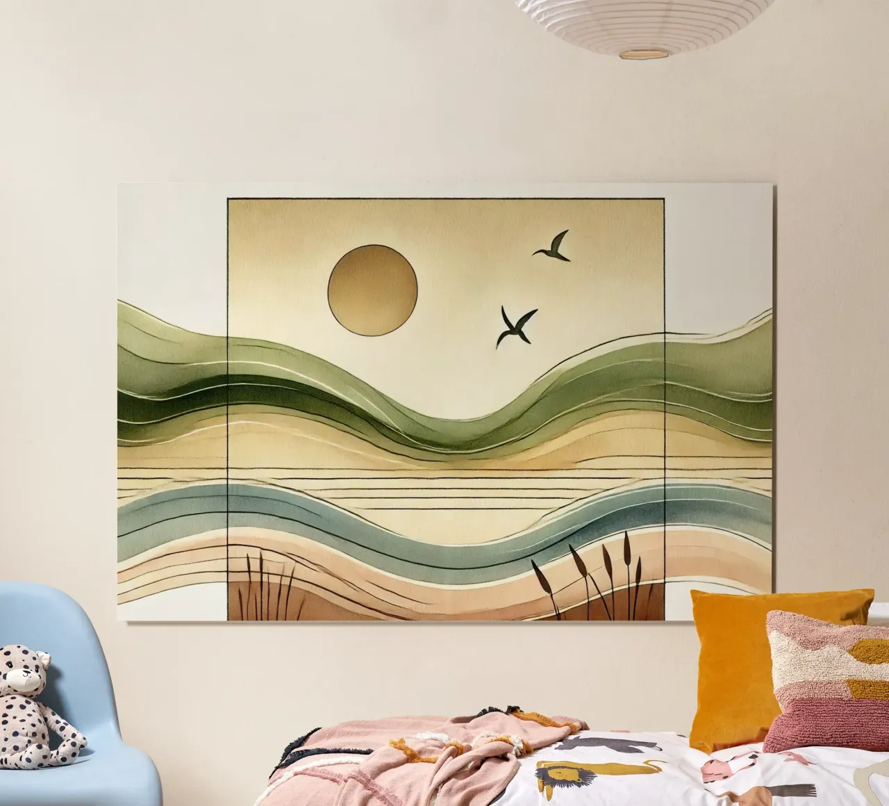 Serenity Sunset View in Art Deco poster with wooden frame by Chromatic Fusion Studio