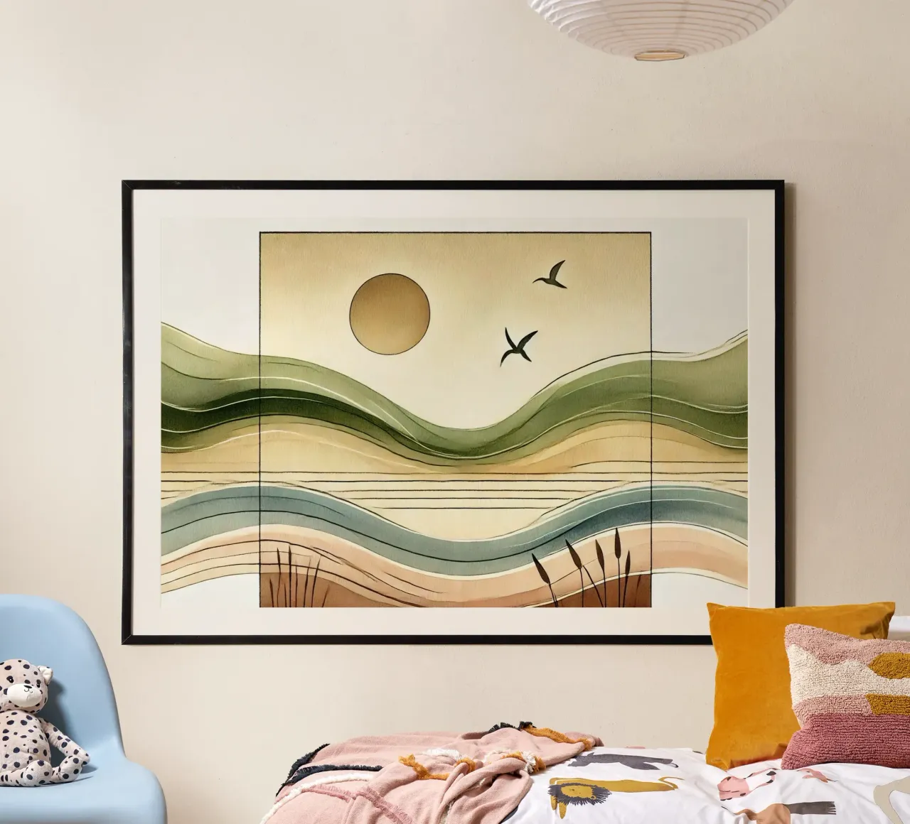 Serenity Sunset View in Art Deco poster with wooden frame by Chromatic Fusion Studio