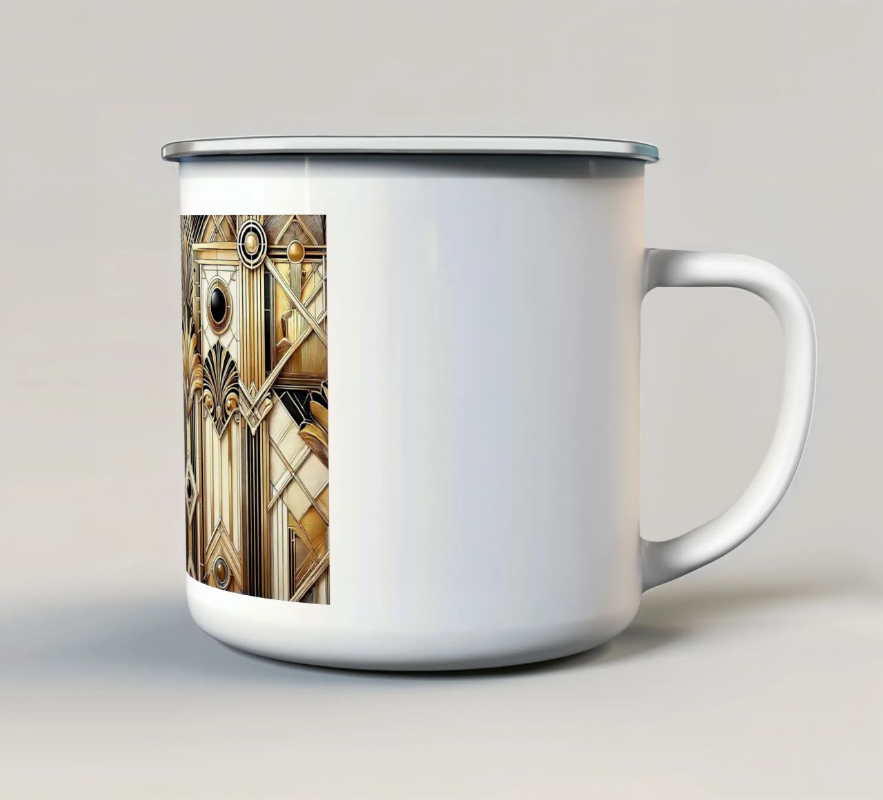 Sophisticated Geometric Opulence in Art Deco enamel mug by Chromatic Fusion Studio