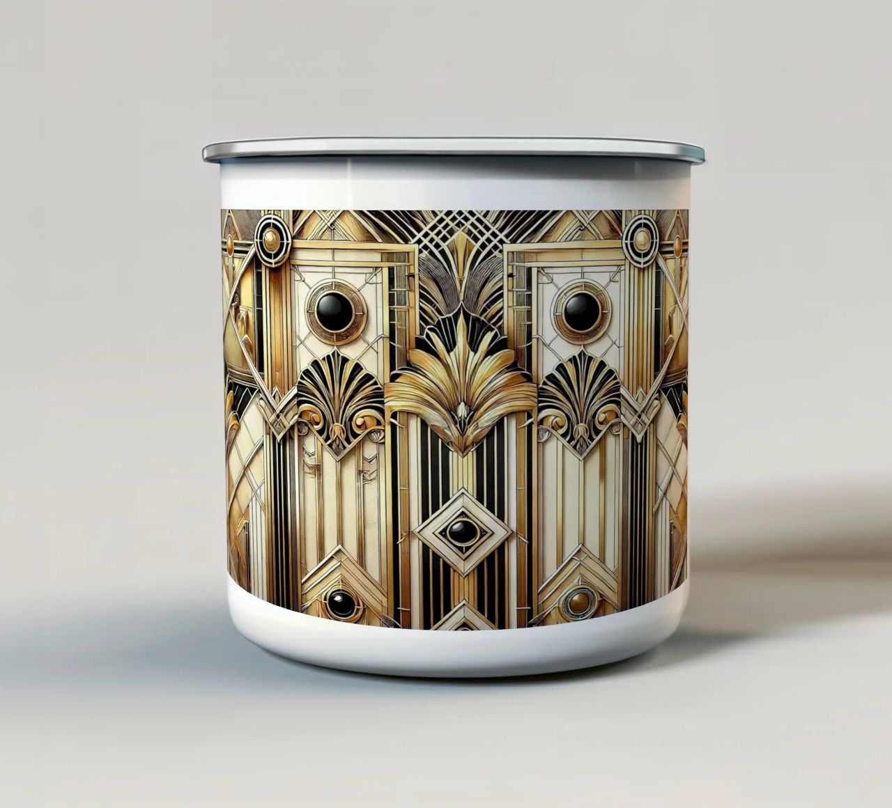 Sophisticated Geometric Opulence in Art Deco enamel mug by Chromatic Fusion Studio