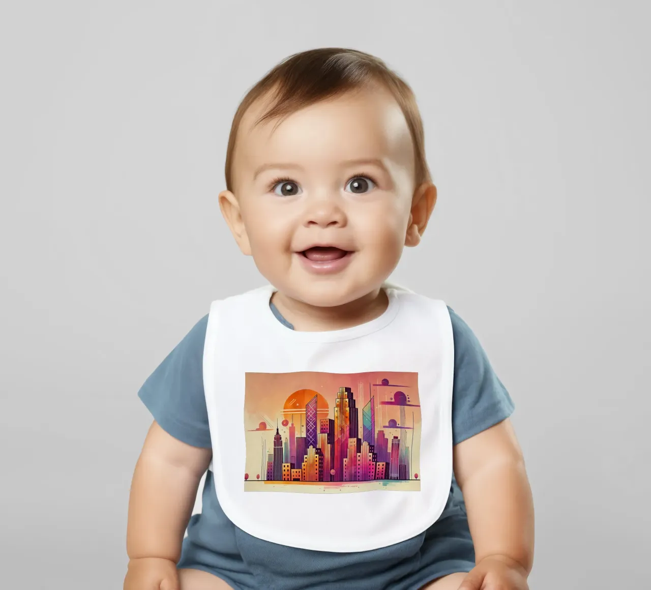 Sunset Cityscape in Art Deco baby bib by Chromatic Fusion Studio