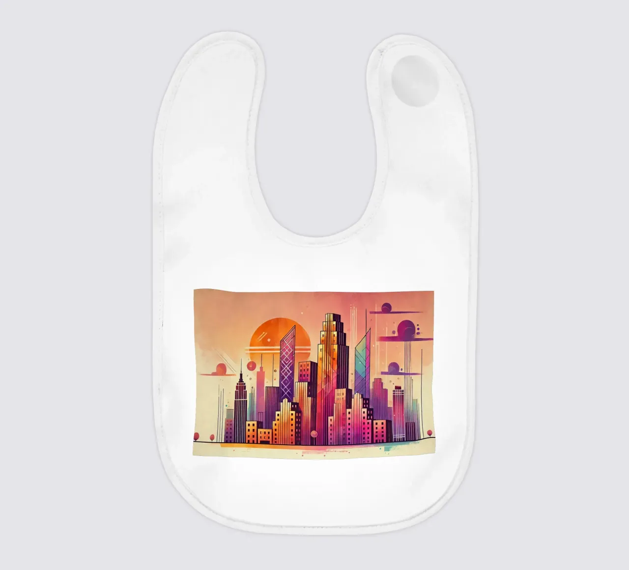 Sunset Cityscape in Art Deco baby bib by Chromatic Fusion Studio