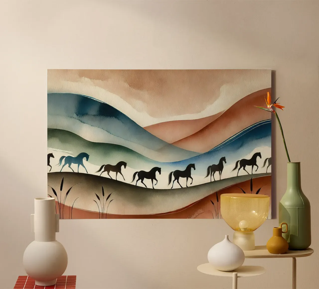 Tranquilla fuga a cavallo in Art Déco tela con Cornice a cassetta da Chromatic Fusion Studio