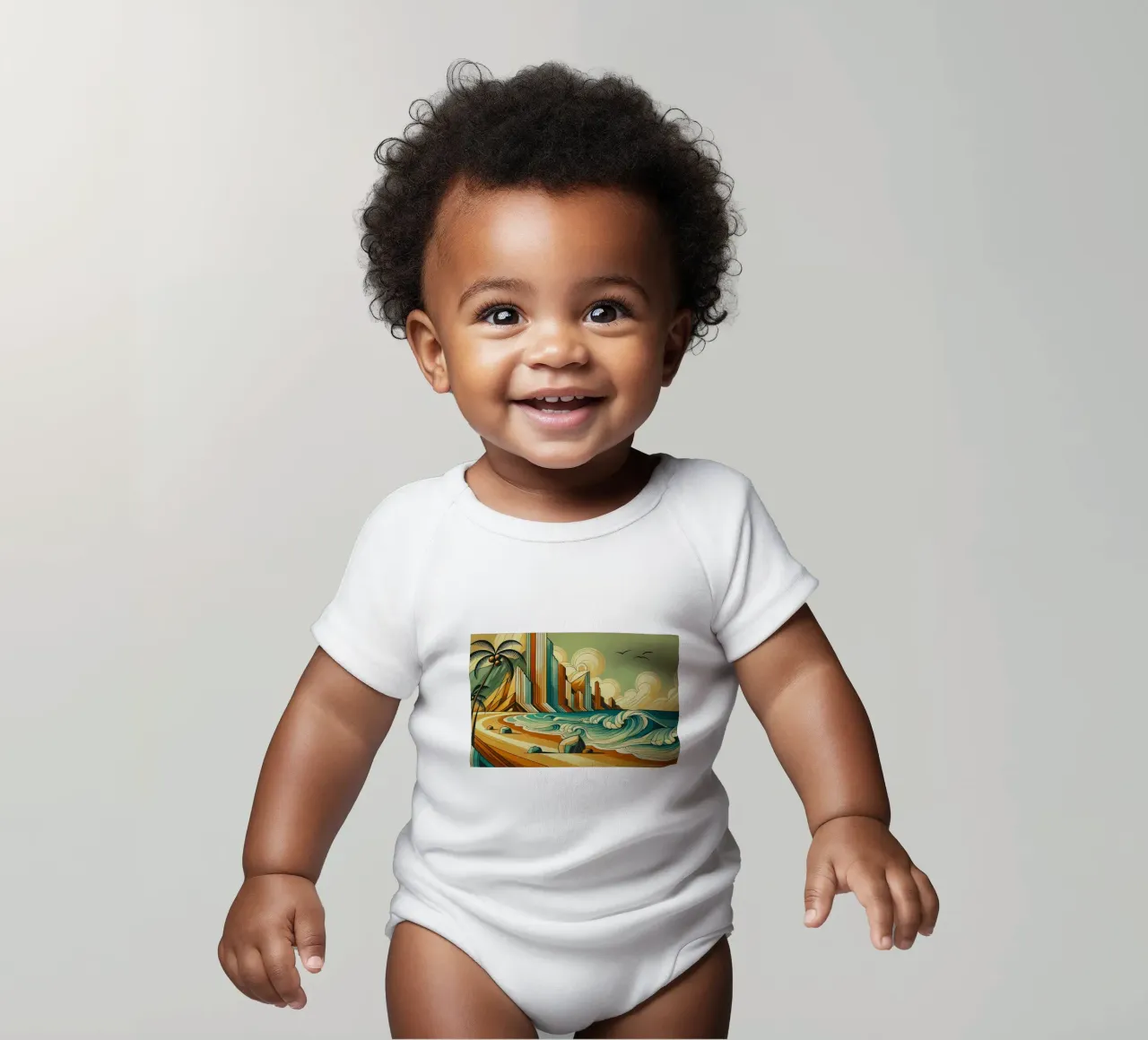 Tropical Cityscape Serenity in Art Deco short-sleeve baby romper by Chromatic Fusion Studio