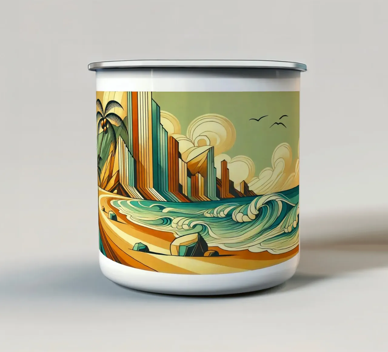 Tropisch stadsgezicht Sereniteit in Art Deco emaille mok van Chromatic Fusion Studio