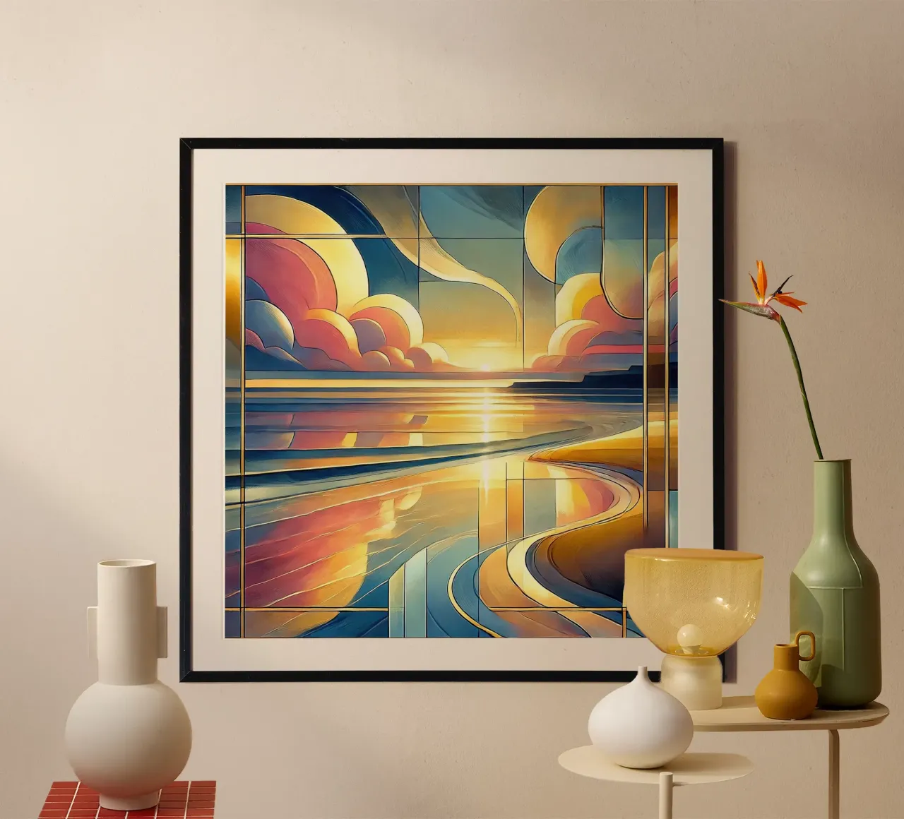Lebendiger Blick auf den Sonnenuntergang im Art déco-Stil Hahnemühle von Chromatic Fusion Studio