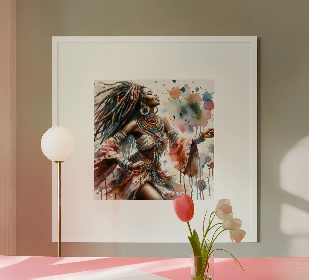 Danzatrice africana ad acquerello poster con telaio in legno da Chromatic Fusion Studio