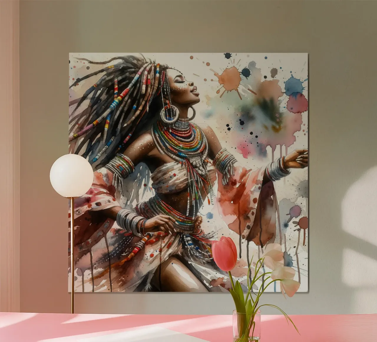 Danzatrice africana ad acquerello poster con telaio in legno da Chromatic Fusion Studio