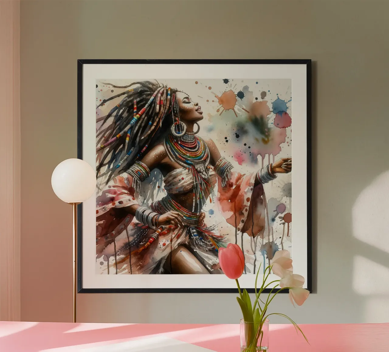 Danzatrice africana ad acquerello poster con telaio in legno da Chromatic Fusion Studio