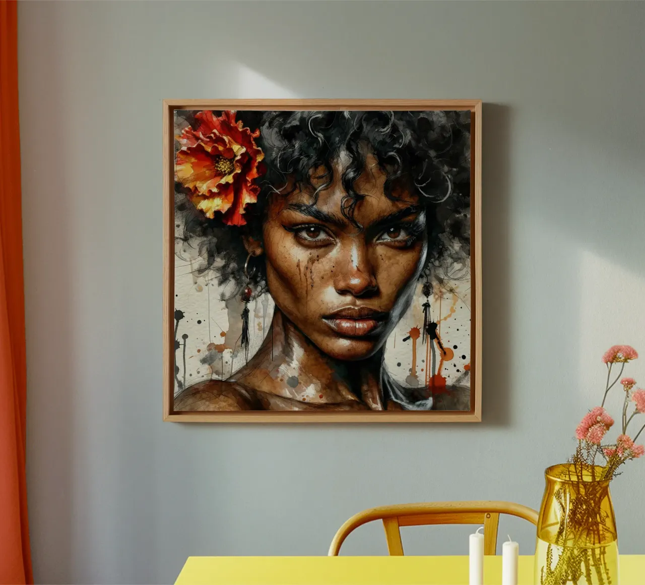 Aquarel Afro-Amerikaanse Flamencodanseres canvas met Baklijst van Chromatic Fusion Studio
