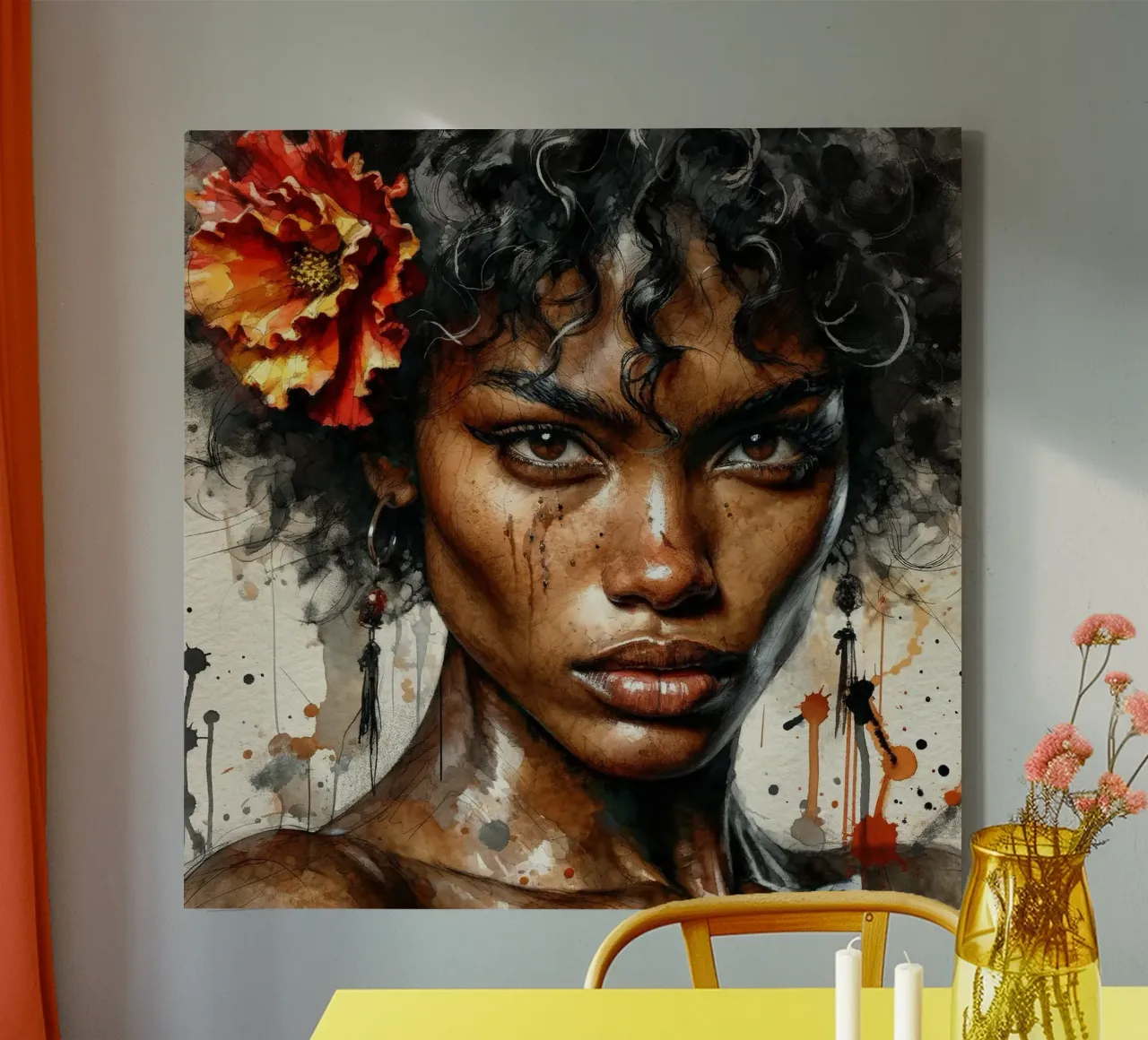 Aquarel Afro-Amerikaanse Flamencodanseres canvas met Baklijst van Chromatic Fusion Studio