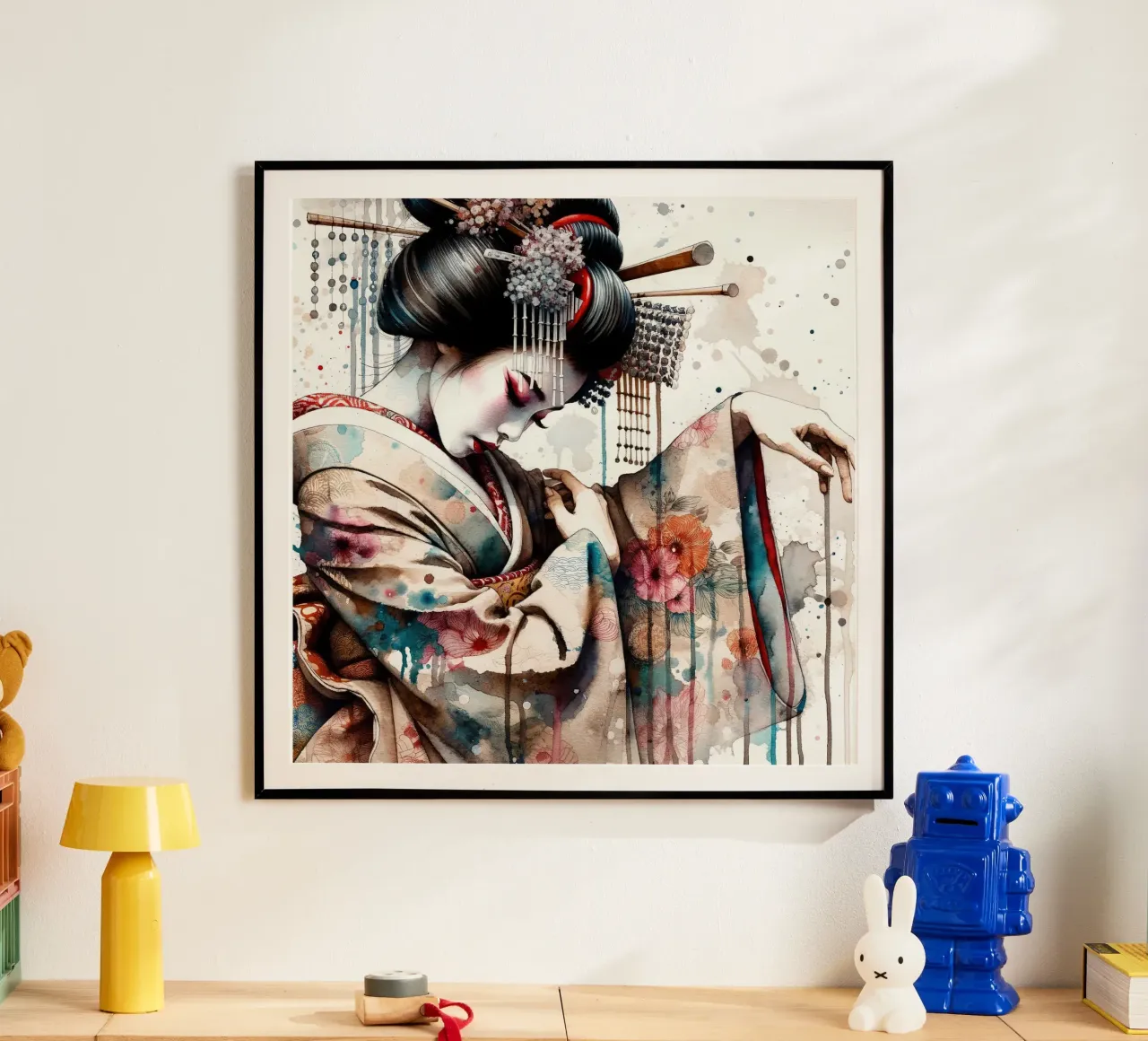 Watercolor Geisha Dancer poster con telaio in plastica da Chromatic Fusion Studio