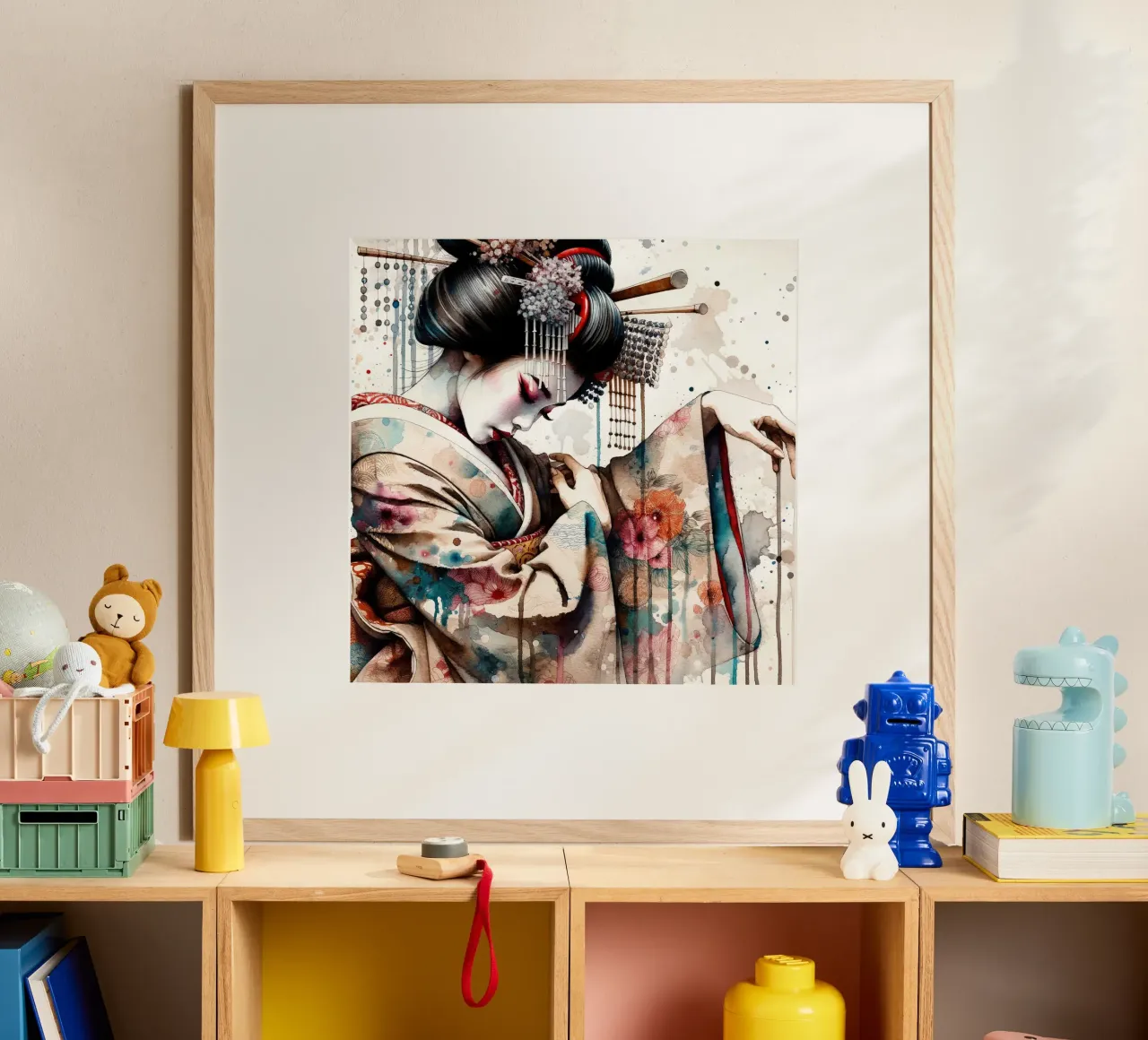 Watercolor Geisha Dancer poster con telaio in plastica da Chromatic Fusion Studio